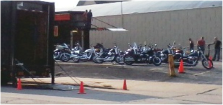 New 2013 models being packed up outside of Harley-Davidson Headquarters ready to head to the Milwaukee Rally at the H-D Museum.
